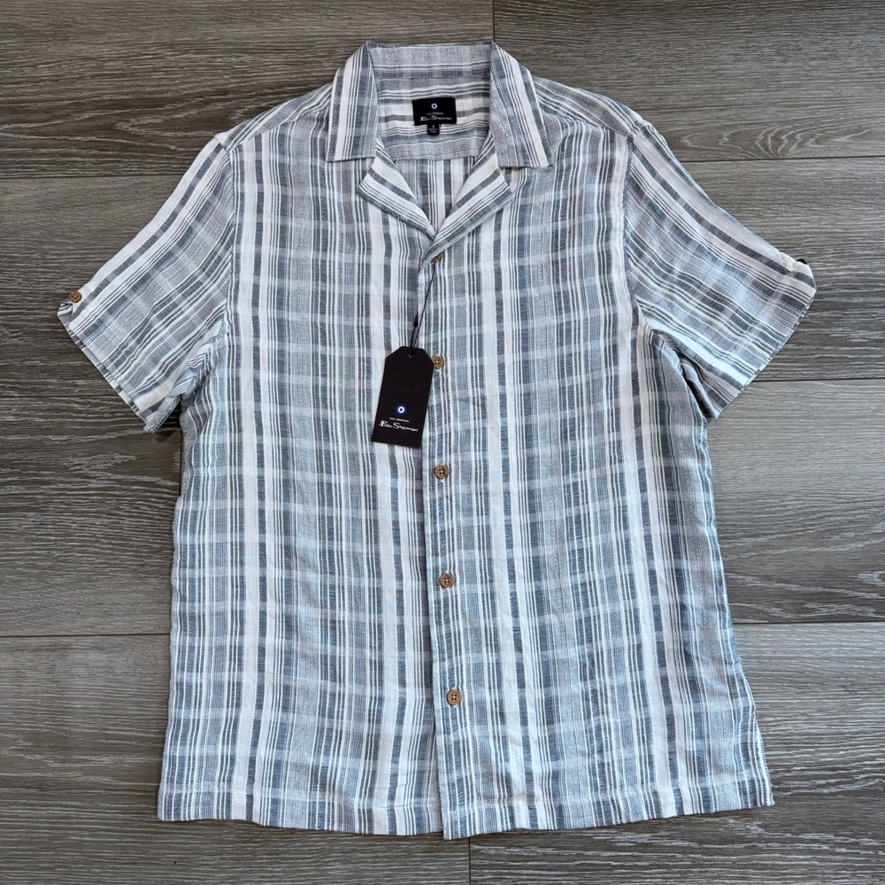 Ben Sherman Mens S‎ Blue Horizon Striped 100% Cotton Camp Collar Shirt BS15SW464